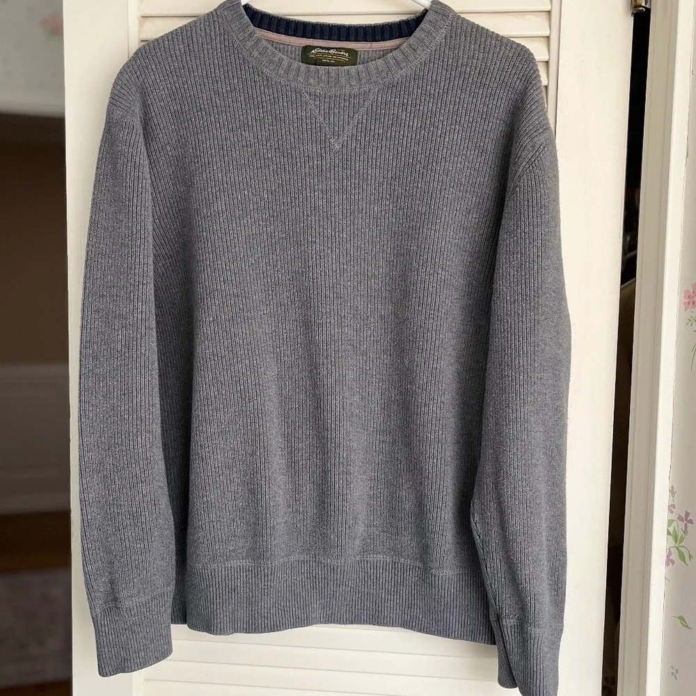Eddie Bauer MENS Medium Gray Crew Neck Heavy Cotton Ribbed Sweater Size L - Picture 6 of 6